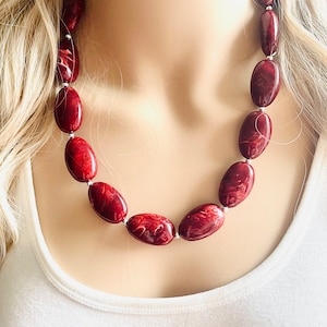 Deep Red Swirl Single Strand Big Beaded Statement Necklace, red beaded necklace, red bridesmaid necklace jewelry, red drop earrings