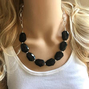 Black Statement Necklace & Earrings, black jewelry, Your Choice GOLD or SILVER, black bib chunky necklace, black geometric necklace