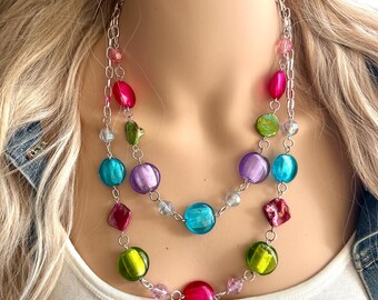 Vintage Glass Jewel tones Beaded Necklace, Funky Colorful Jewelry, Chunky statement necklace, big beaded necklace, rainbow silver OOAK