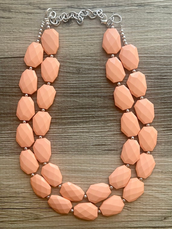 Peach Chunky Statement Jewelry Set Big Bib Beaded Jewelry Double Strand Statement Necklace Earrings Peach Bridesmaid Wedding Etsy