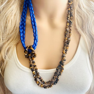 Royal Blue & Tiger Eye Chip Necklace, tube beaded chunky statement necklace, blue necklace, avant garde necklace, geometric jewelry brown