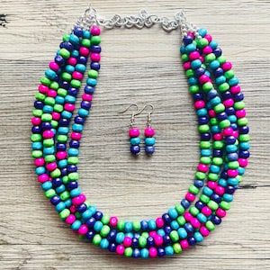 Jewel Tone Cobblestone Chunky Rainbow Beaded Necklace, 5 Strand Colorful Jewelry statement necklace, wood big beaded