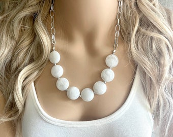 White Statement Necklace & Earring set, white jewelry, Your Choice of GOLD or SILVER, white bib chunky necklace, white necklace