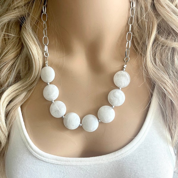 White Statement Necklace & Earring set, white jewelry, Your Choice of GOLD or SILVER, white bib chunky necklace, white necklace