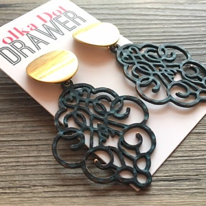 Boucles d&#39;oreilles en filigrane vintage brillantes, boucles d&#39;oreilles en filigrane en métal en forme de goutte d&#39;or, bijoux en filigrane, boucles d&#39;oreilles en dentelle découpée bijoux en or métallique géométrique