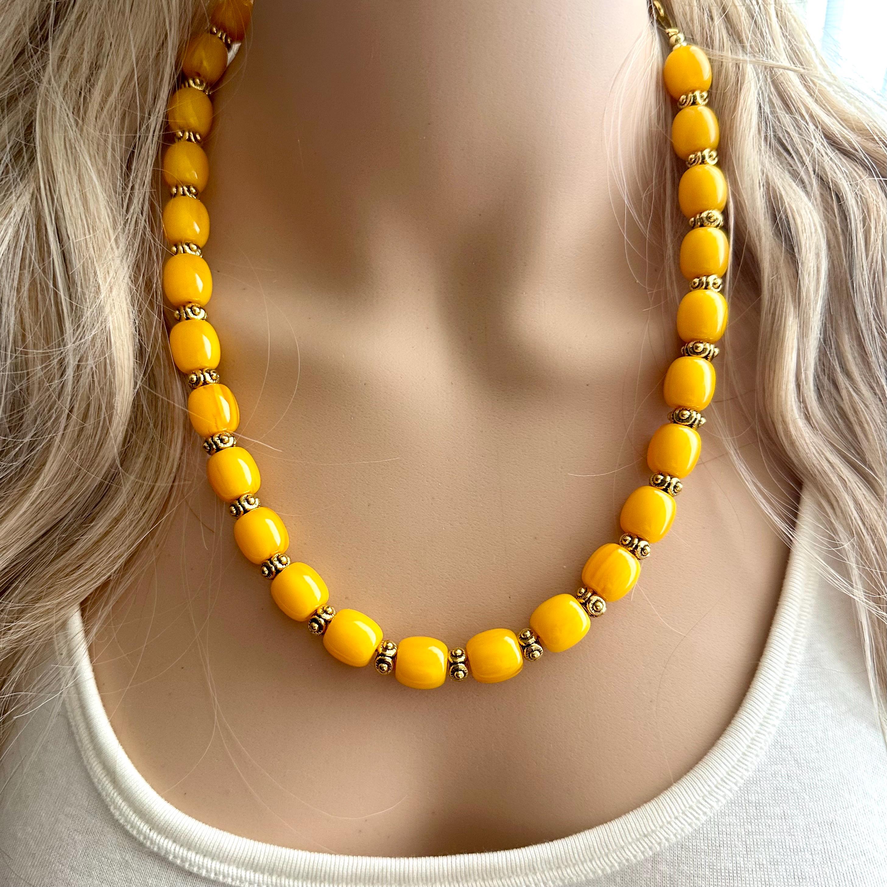 Yellow & Gold Single 1 Strand Big Beaded Statement Necklace 