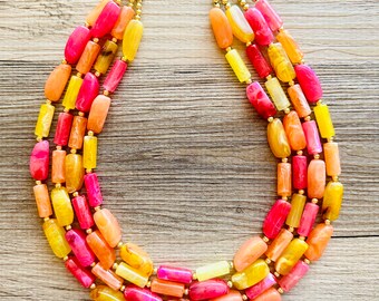 Chunky Pink Orange Yellow Ombre Necklace, 4 strand bright jewelry, big beaded statement, summer necklace, colorblock necklace marigold