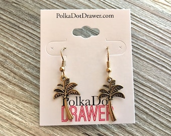 Palm Tree Gold Statement Earrings, Gold drop Earrings, shiny jewelry earrings metal geometric, island getaway vacation earrings monstera