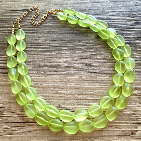 Margarita Green Chunky Statement Necklace & Stretch Bracelet set, Double Strand Beaded Jewelry, bracelet earrings mint watermelon jelly bean