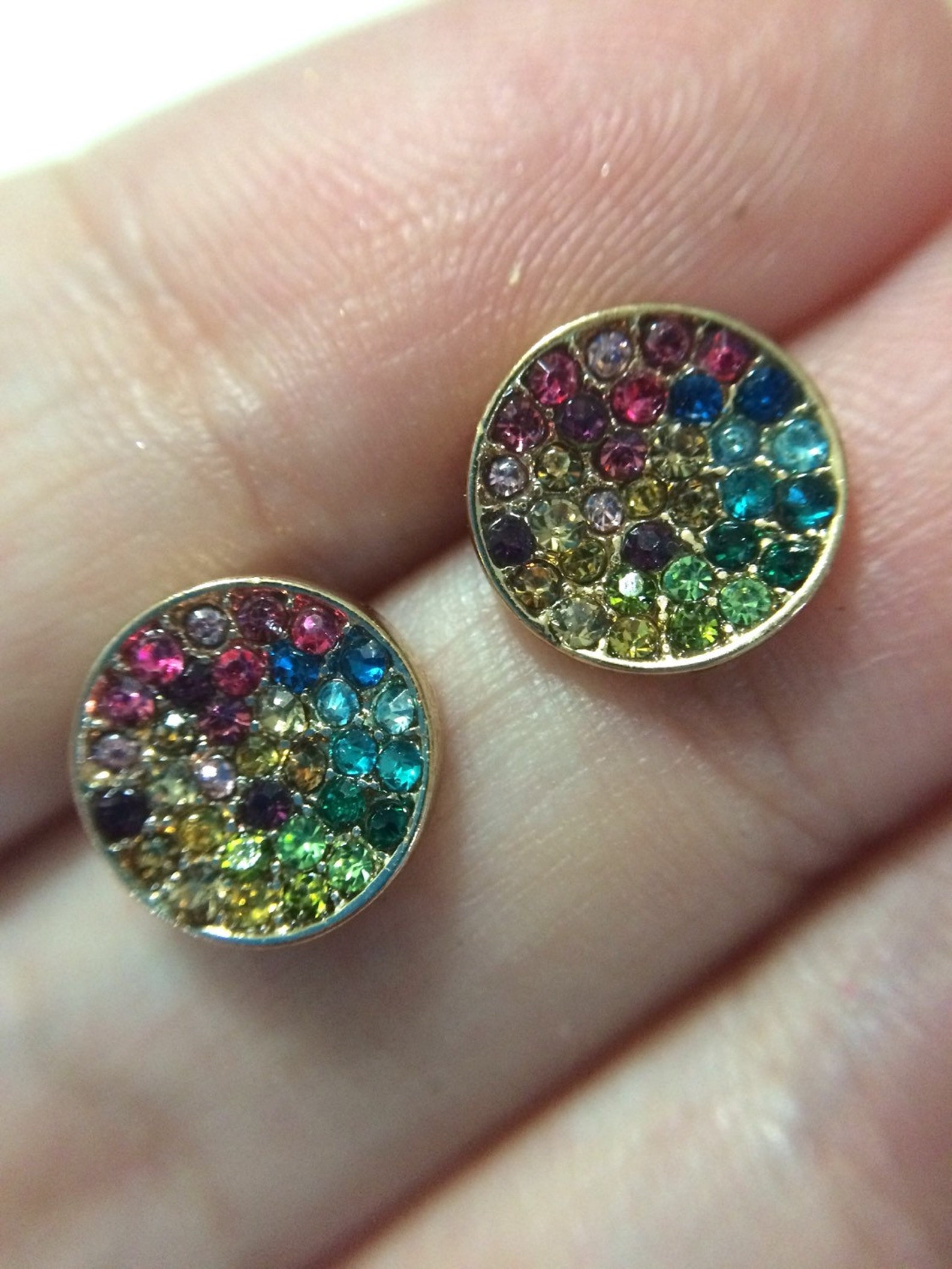 Rainbow 10mm Rhinestone Circular Earrings Reflective Glass - Etsy