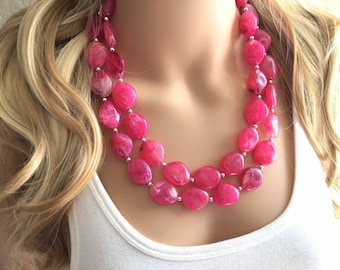 Dark Pink Chunky Statement jewelry set, Big bib beaded Double Strand Statement Necklace earrings, magenta bridesmaid wedding Magnolia