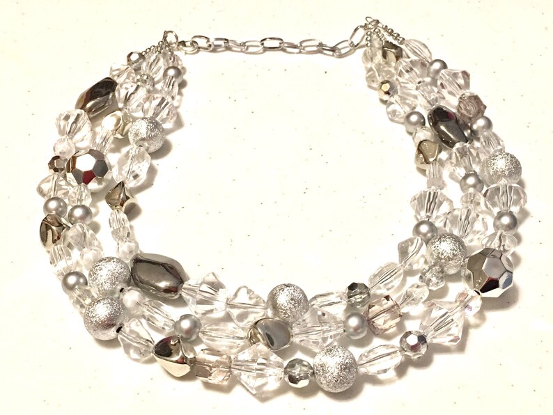 silver Beaded Holiday Necklace resin necklace Silver and Clear statement necklace lucite necklace clear three strand chunky jewelry