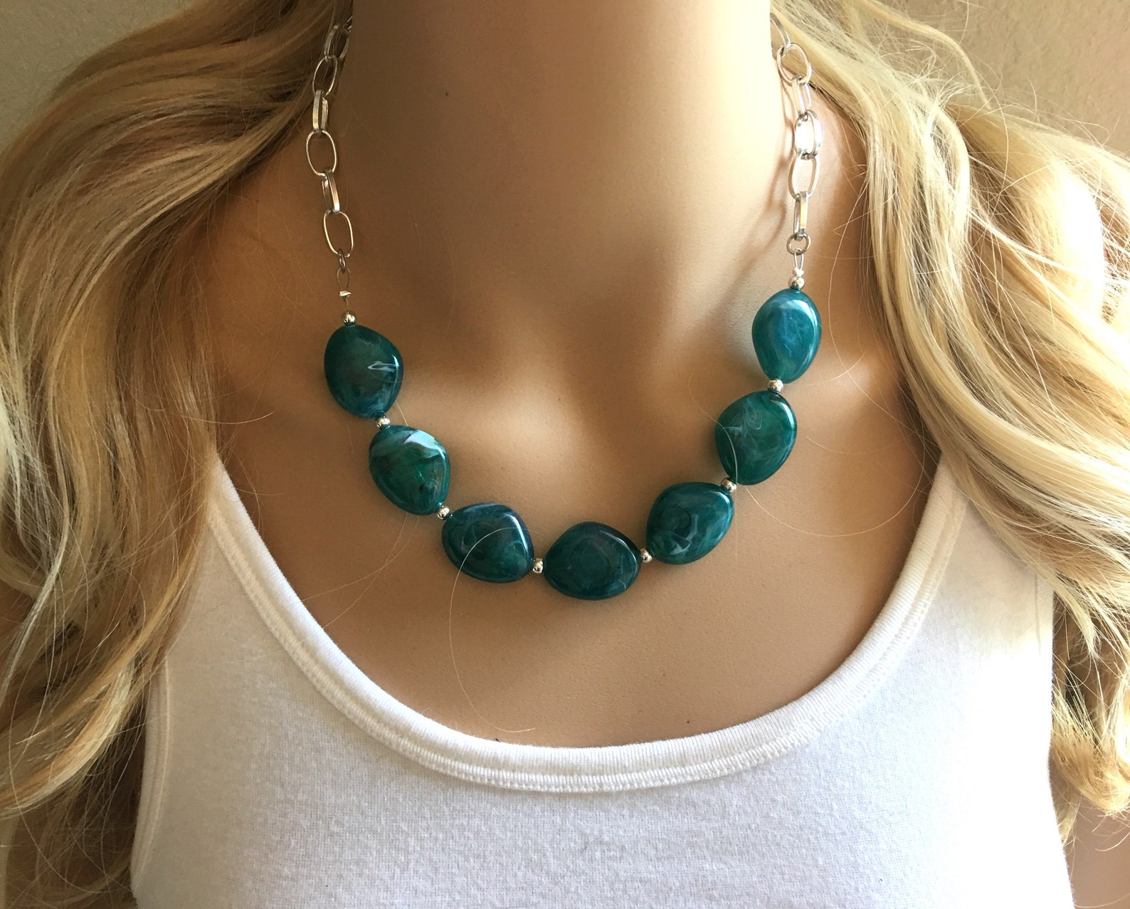 Gold-Plated Emerald Green & Pearl Beaded Statement Necklace Set with Earrings