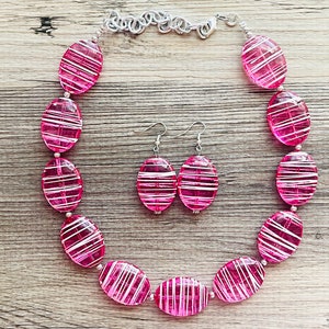 Hot Pink Striped Single Statement Necklace, Earrings Chunky Jewelry Big Beaded Necklace, dark pink Necklace, magenta bubble white