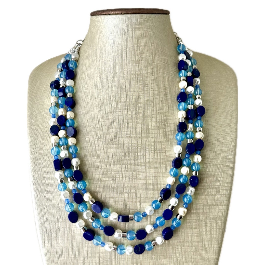 Yacht Party Caribbean Aqua Blue Triple Beaded Statement Necklace-Set of 3