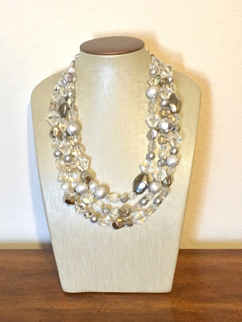 silver Beaded Holiday Necklace resin necklace Silver and Clear statement necklace lucite necklace clear three strand chunky jewelry