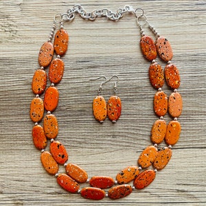Paint splatter burnt orange Necklace, 2 Strand Statement Jewelry, orange Chunky bib bridesmaid everyday bubble jewelry earrings
