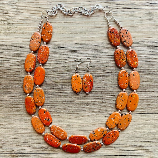 Paint splatter burnt orange Necklace, 2 Strand Statement Jewelry, orange Chunky bib bridesmaid everyday bubble jewelry earrings