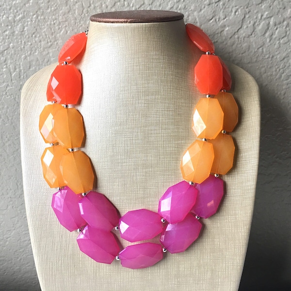 Pink & Orange Ombre Necklace, Double strand bright jewelry, big beaded chunky statement, summer necklace, colorblock necklace, pink orange