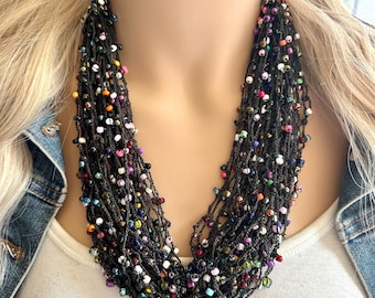 Black & Rainbow Thick Statement Necklace Jewelry Set, Vintage Chunky Jewelry Big Beaded Crocheted neutral colorful Set knit silver seed