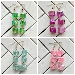 Gemstone Rock Candy earrings, rainbow chunky jewelry, silver geometric pierced dangle drop Statement color block purple pink green blue