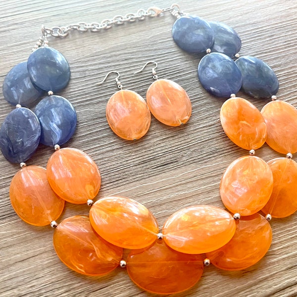 Orange & Blue Chunky Statement Necklace, Big beaded jewelry, multi strand Statement Necklace, chunky royal blue orange jewelry earrings