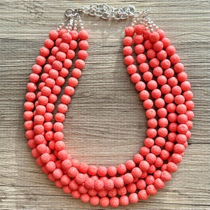 Coral 5 strand Lava Stone statement necklace, pink peach necklace, Beaded statement necklace, bib chunky thick summer statement jewelry