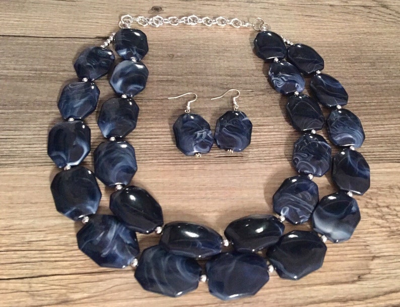 Navy Blue Statement Necklace Chunky Jewelry Big Beaded Double Etsy