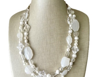 White & Clear Double Strand statement necklace, gold big beaded necklace, chunky jewelry, white necklace, resin necklace, multi-strand