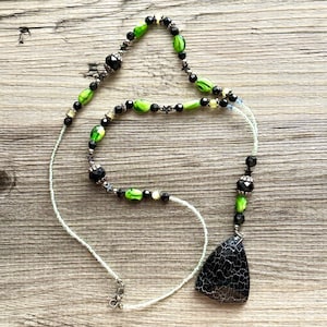Shades of Green Long Statement Necklace, long black beaded necklace, beaded long necklace, smoke gray pendant focal jewelry
