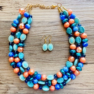 Fairy Dust Statement Necklace, multi Strand Beaded Jewelry, Blue Orange jewelry, gold and blue necklace, turquoise coral aqua big beaded