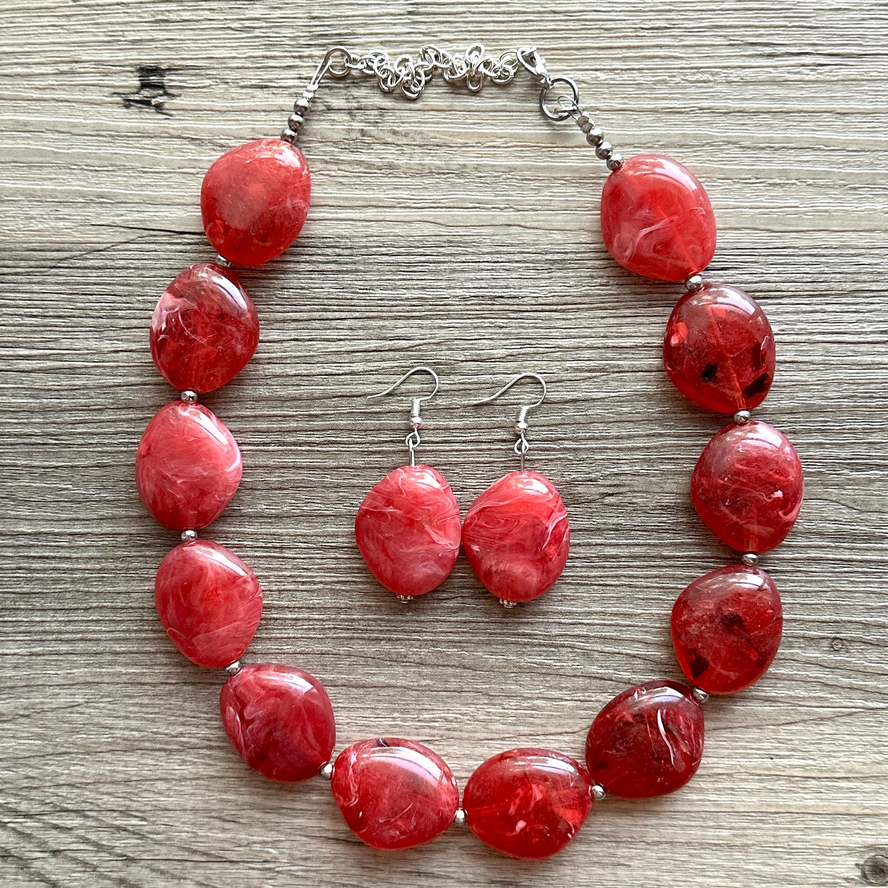 Colar de contas grandes com um único fio Red Fiesta, colar de contas vermelhas, joias de colar vermelho para madrinhas, brincos vermelhos
