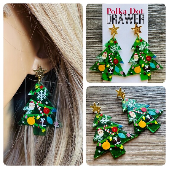 Orecchini Pendenti Albero Di Natale In Vetro Oro E Verde – Ganci Acciaio Inox – Gioielli Donna Per Feste