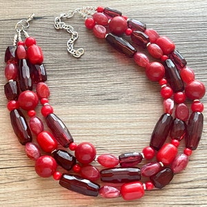 Cranberry red Necklace, Triple Strand Statement Jewelry, bright lipstick red Chunky bib bridesmaid, red jewelry, red necklace beaded