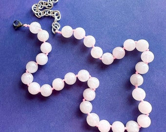 Gemstone Rose Quartz Chunky Statement Necklace, Blush Pink gemstone necklace, silver gem jewelry beaded agate glass bead crystals