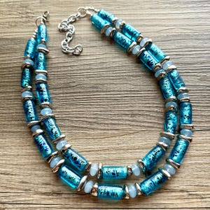 Aqua Blue & Silver Glass Double Strand Beaded Statement Necklace, dark blue beaded necklace, bridesmaid jewelry layering geometric chunky