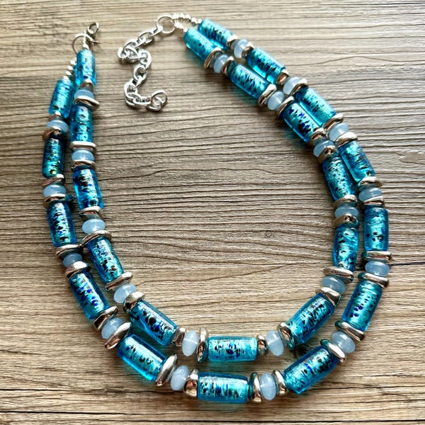 Aqua Blue & Silver Glass Double Strand Beaded Statement Necklace, dark blue beaded necklace, bridesmaid jewelry layering geometric chunky