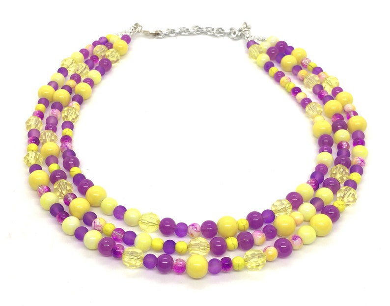 Triple Strand Beaded Jewelry eggplant jewelry Purple /& Yellow Chunky Statement Necklace Minnesota bridesmaid purple yellow wedding
