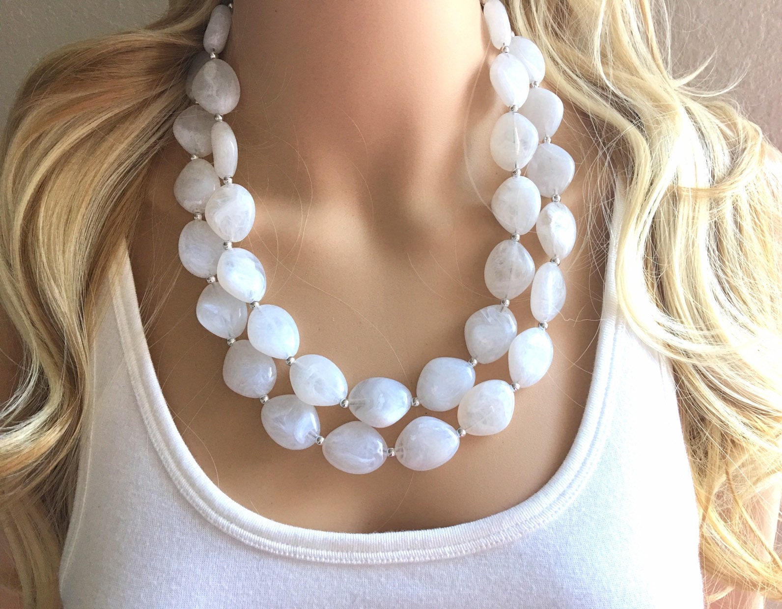 Double Layer White Chunky Statement Necklace Bib Jewelry Cloudy