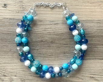 Blue Sparkle Statement Necklace, chunky bib beaded jewelry, navy royal blue necklace, dark blue beaded acrylic jewelry white sky blue