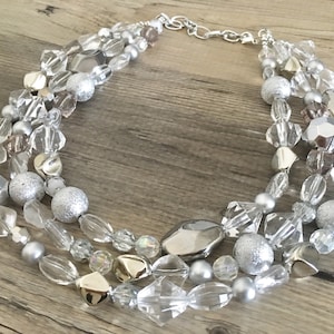 Silver and Clear statement necklace, lucite necklace, resin necklace, clear three strand chunky jewelry, silver Beaded Holiday Necklace