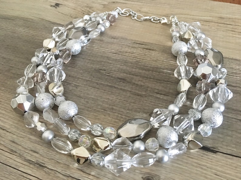 silver Beaded Holiday Necklace resin necklace Silver and Clear statement necklace lucite necklace clear three strand chunky jewelry