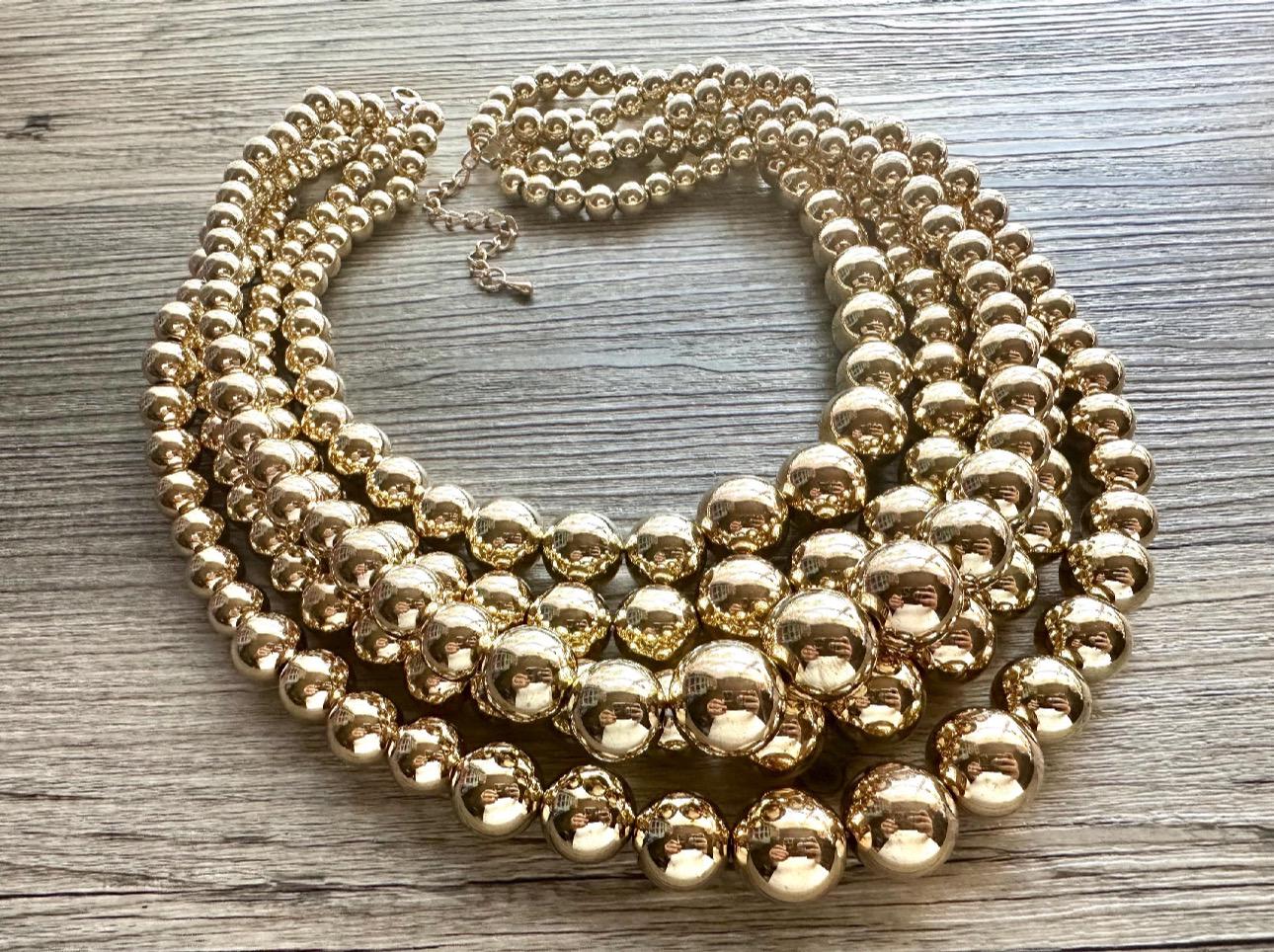 Five Strand Mirror Gold Chunky Statement Necklace, Big Beaded