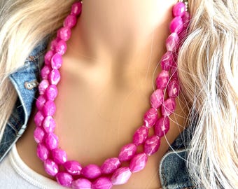 Hot Pink Statement jewelry set, Chunky Beaded Necklace Jewelry, dark pink Necklace, magenta beaded necklace, earrings pink set double strand