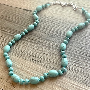 Polished Turquoise GemStone Necklace green blue stone, silver statement necklace jewelry, long beaded statement layering necklace