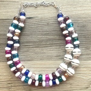 Multi-Color Rainbow Silver Necklace, Sprinkle Shower Chunky Statement Necklace Happy Bright Summer Jewelry, big beaded jewelry
