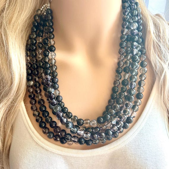 Collier Vintage 3 Rangs - Perles Argentées Et Violettes (verre/résine) - Occasion
