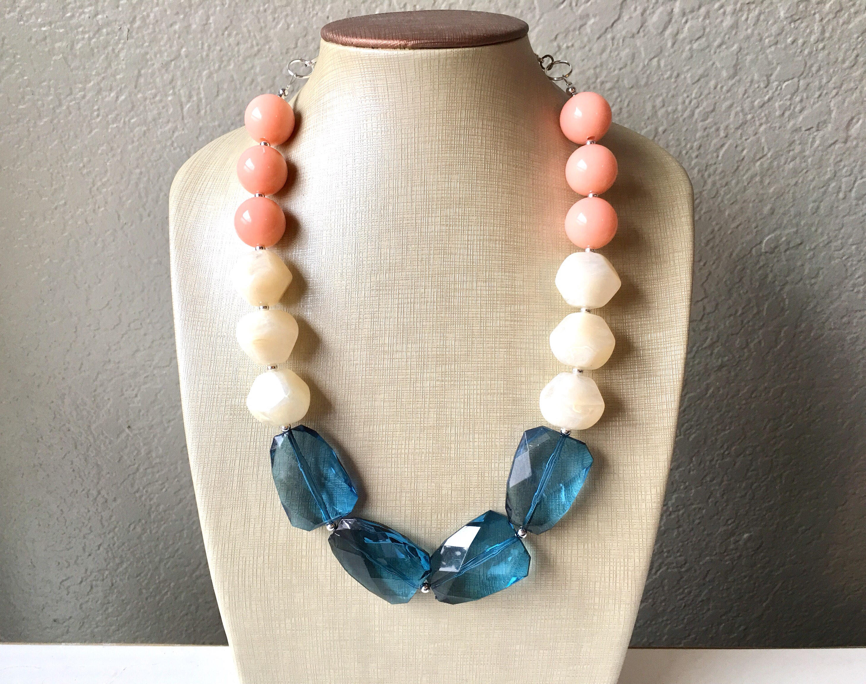 Peach Cream Navy Blue Big Bead Necklace 