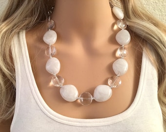 White & Clear silver necklace, statement necklace, white jewelry, big beaded single strand chunky necklace, white chunky statement jewelry