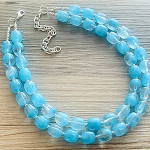 Aqua Blue Double Strand Statement Necklace, Chunky light blue Oval Beaded Bib Jewelry, blue jewelry, baby blue jewlery necklace